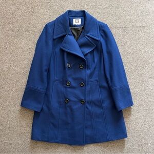 Anne Klein Blue Wool Blend Pea Coat Women L Double Breasted Preppy Winter Jacket